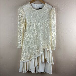 Vintage David Rose Flapper Cream Dress Long Sleeve 1980s Lace Wedding 12P USA